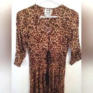 Jaase Women's Leopard Print 3/4 Sleeve Button Front Smocked Waist Maxi Dress